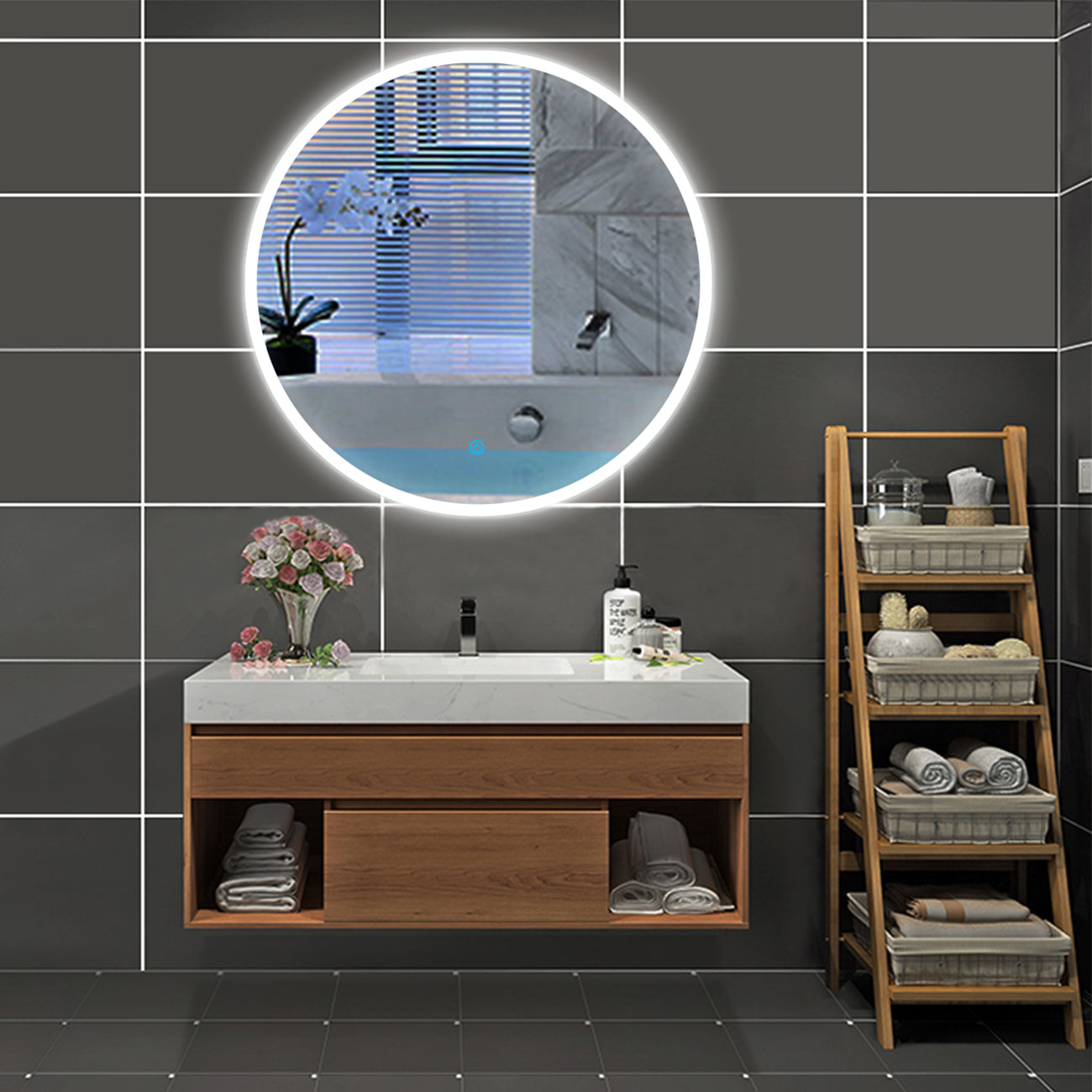 LED Badspiegel Rund 60cm, Runder Wandspiegel mit Touchschalter und Kaltweiß IP44