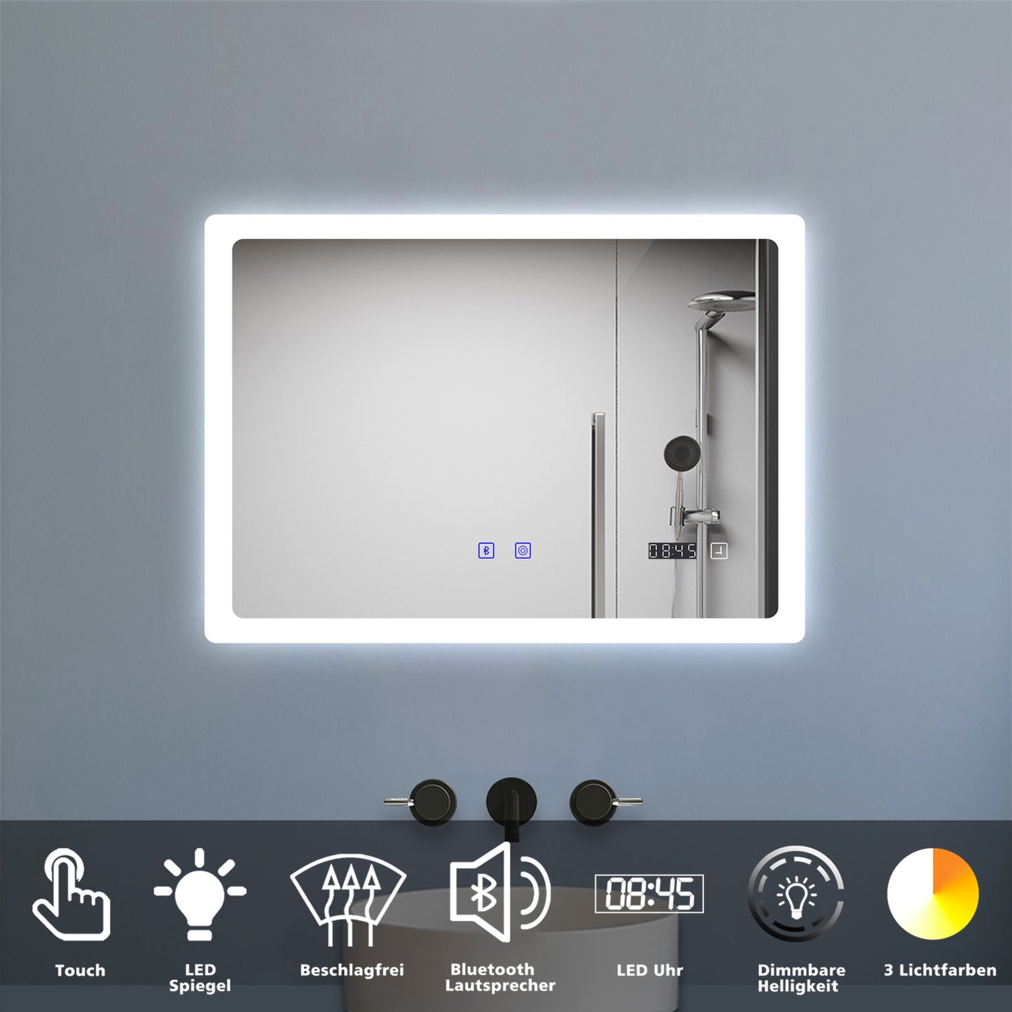 100x60cm LED Badspiegel mit Bluetooth und Uhr,Badspiegel mit Beleuchtung,Touch,Beschlagfrei,Badezimmerspiegel mit 3 Lichtfarbe 2700-6500K Dimmbar,IP44