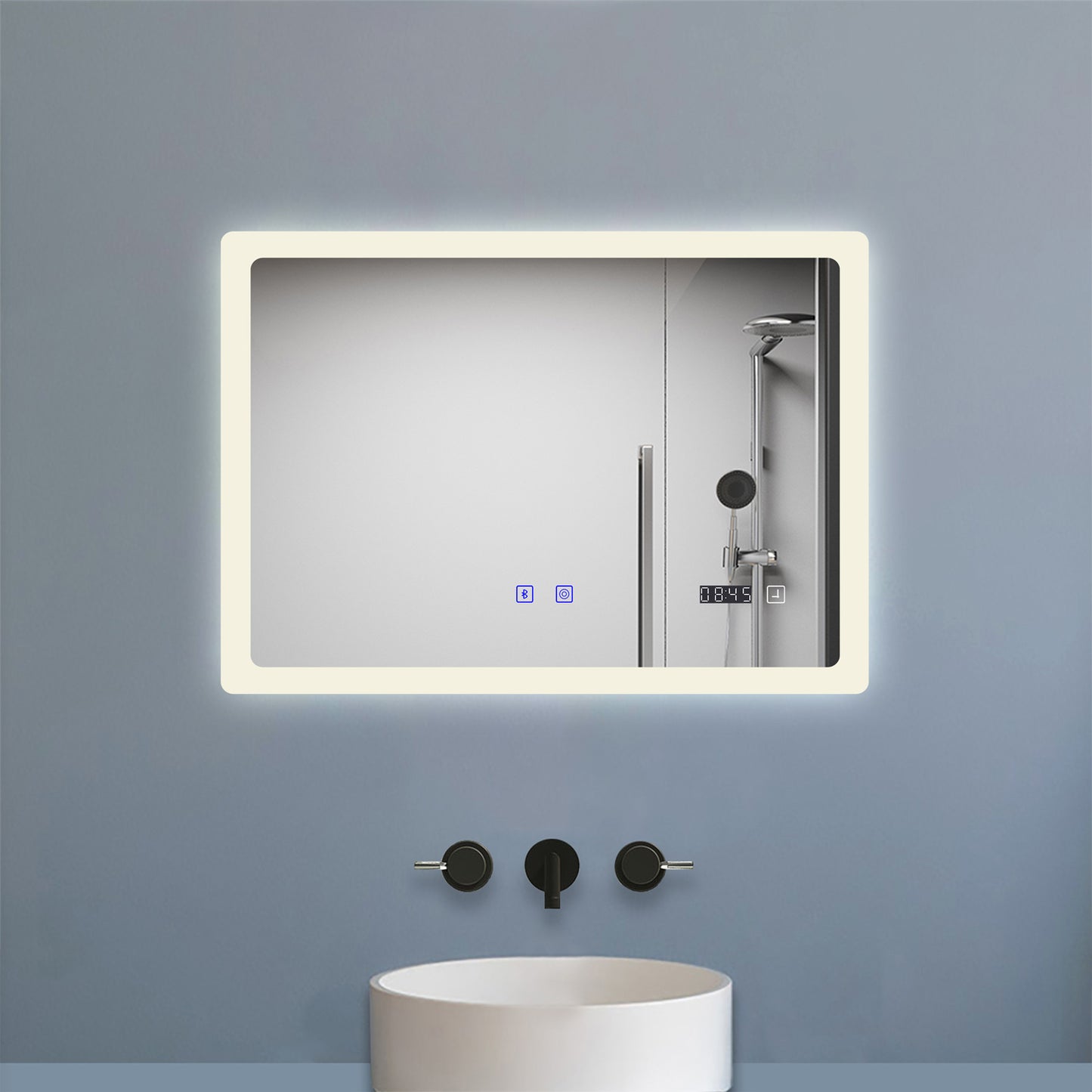 100x60cm LED Badspiegel mit Bluetooth und Uhr,Badspiegel mit Beleuchtung,Touch,Beschlagfrei,Badezimmerspiegel mit 3 Lichtfarbe 2700-6500K Dimmbar,IP44