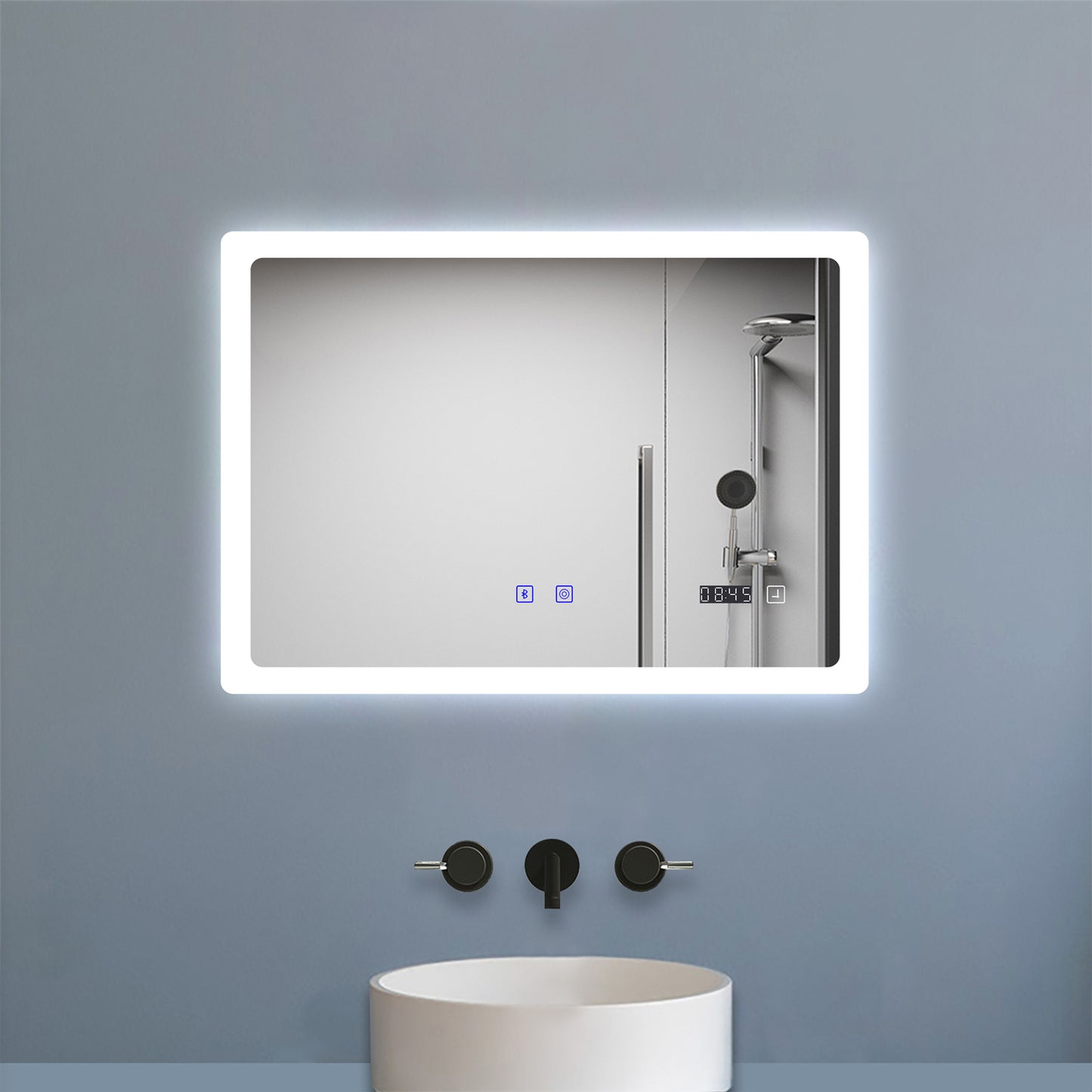 100x60cm LED Badspiegel mit Bluetooth und Uhr,Badspiegel mit Beleuchtung,Touch,Beschlagfrei,Badezimmerspiegel mit 3 Lichtfarbe 2700-6500K Dimmbar,IP44