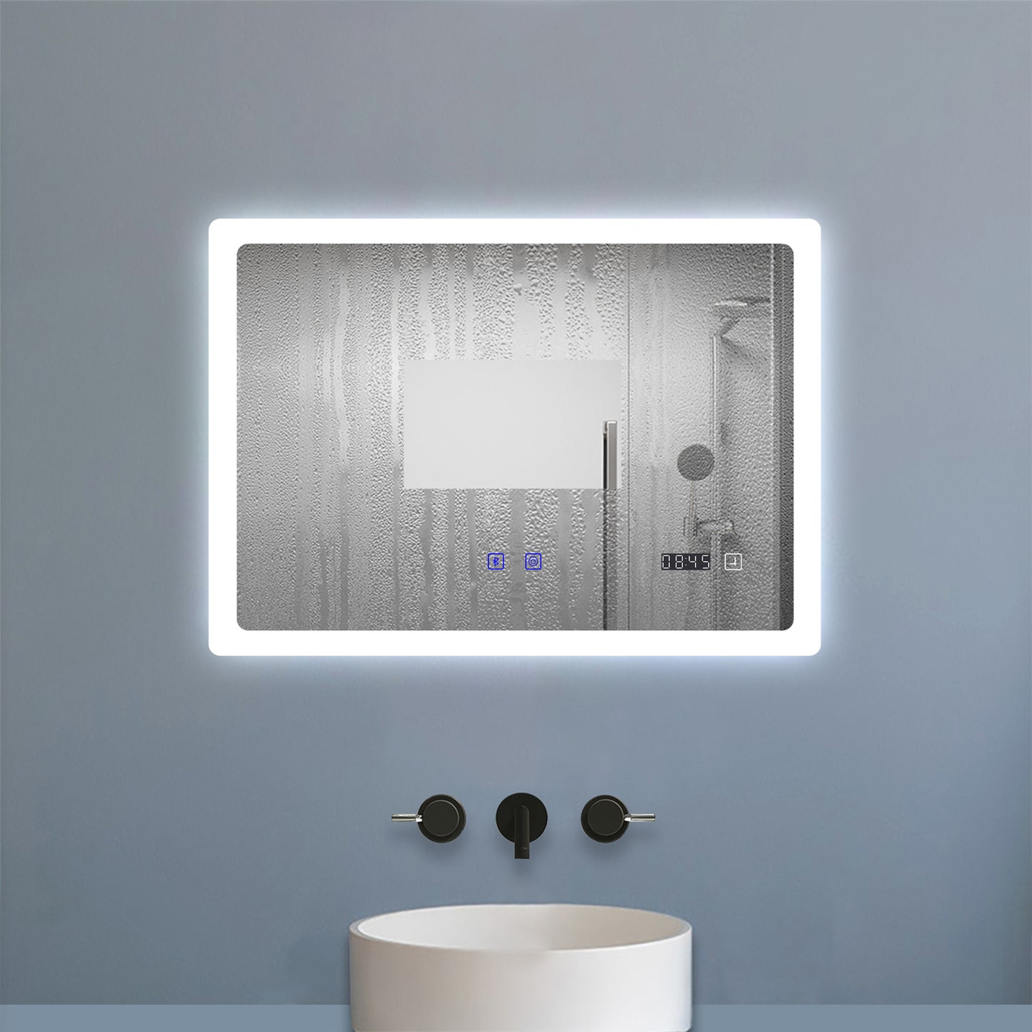 100x60cm LED Badspiegel mit Bluetooth und Uhr,Badspiegel mit Beleuchtung,Touch,Beschlagfrei,Badezimmerspiegel mit 3 Lichtfarbe 2700-6500K Dimmbar,IP44