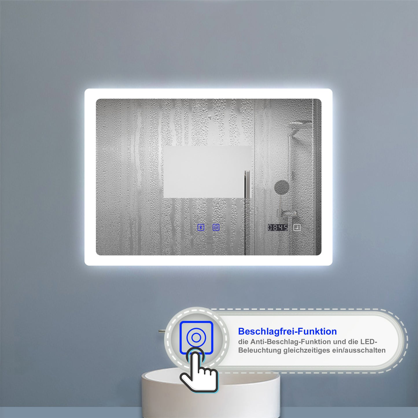 100x60cm LED Badspiegel mit Bluetooth und Uhr,Badspiegel mit Beleuchtung,Touch,Beschlagfrei,Badezimmerspiegel mit 3 Lichtfarbe 2700-6500K Dimmbar,IP44