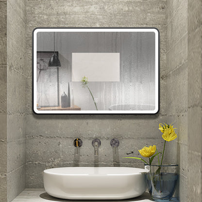 LED Badspiegel 120x70cm Touch/Wandschalter Beschlagfrei 3 Lichtfarbe 3000K-6000K+Dimmbar Badezimmerspiegel mit Schwarz Rahmen Wandspiegel IP44