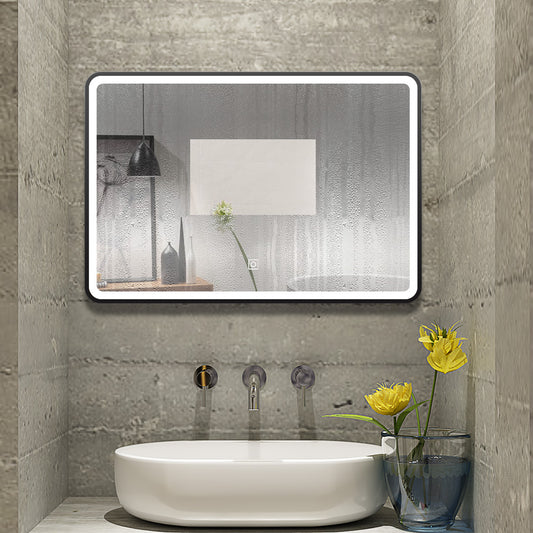 LED Badspiegel 120x70cm Touch/Wandschalter Beschlagfrei 3 Lichtfarbe 3000K-6000K+Dimmbar Badezimmerspiegel mit Schwarz Rahmen Wandspiegel IP44