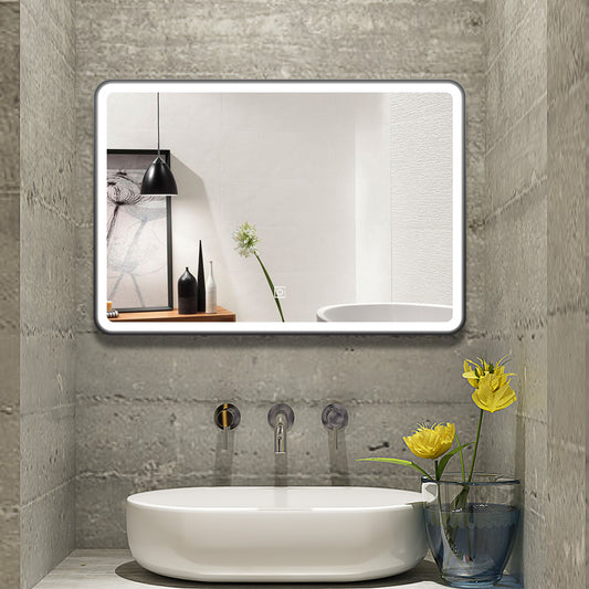 LED Badspiegel 100x60cm Touch/Wandschalter Beschlagfrei 3 Lichtfarbe 3000K-6000K+Dimmbar Badezimmerspiegel mit Schwarz Rahmen Wandspiegel IP44