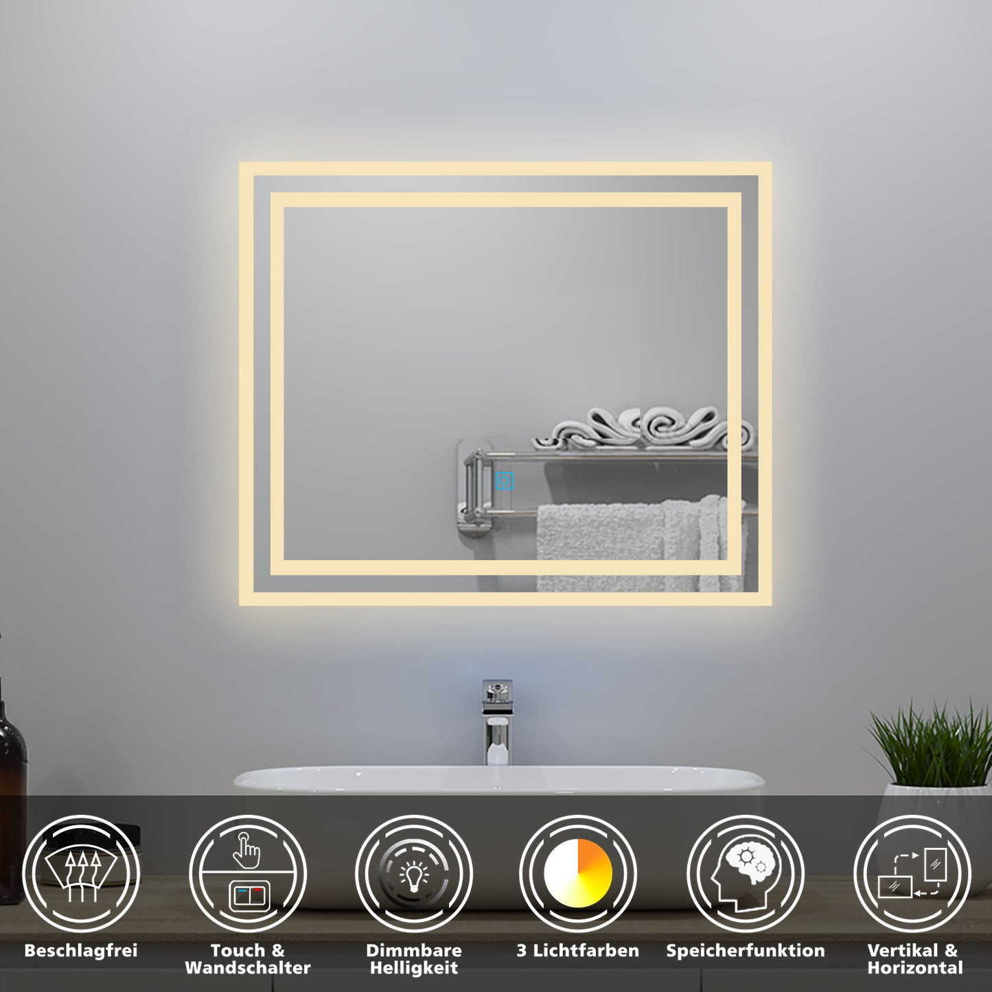 Badspiegel mit Beleuchtung 60x50cm Badezimmerspiegel Lichtspiegel LED Wandspiegel mit Wandschalter/Touchschalter Beschlagfrei 3 Lichtfarbe 2700-6500K Dimmbar,IP44