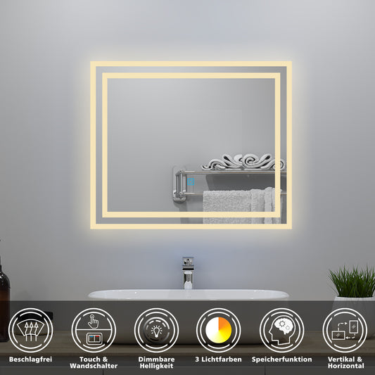 Badspiegel mit Beleuchtung 60x50cm Badezimmerspiegel Lichtspiegel LED Wandspiegel mit Wandschalter/Touchschalter Beschlagfrei 3 Lichtfarbe 2700-6500K Dimmbar,IP44