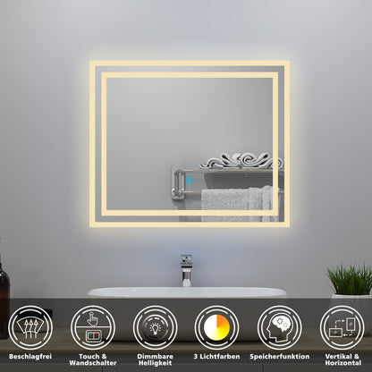 Badspiegel mit Beleuchtung 90x70cm Badezimmerspiegel Lichtspiegel LED Wandspiegel mit Wandschalter/Touchschalter Beschlagfrei 3 Lichtfarbe 2700-6500K Dimmbar,IP44