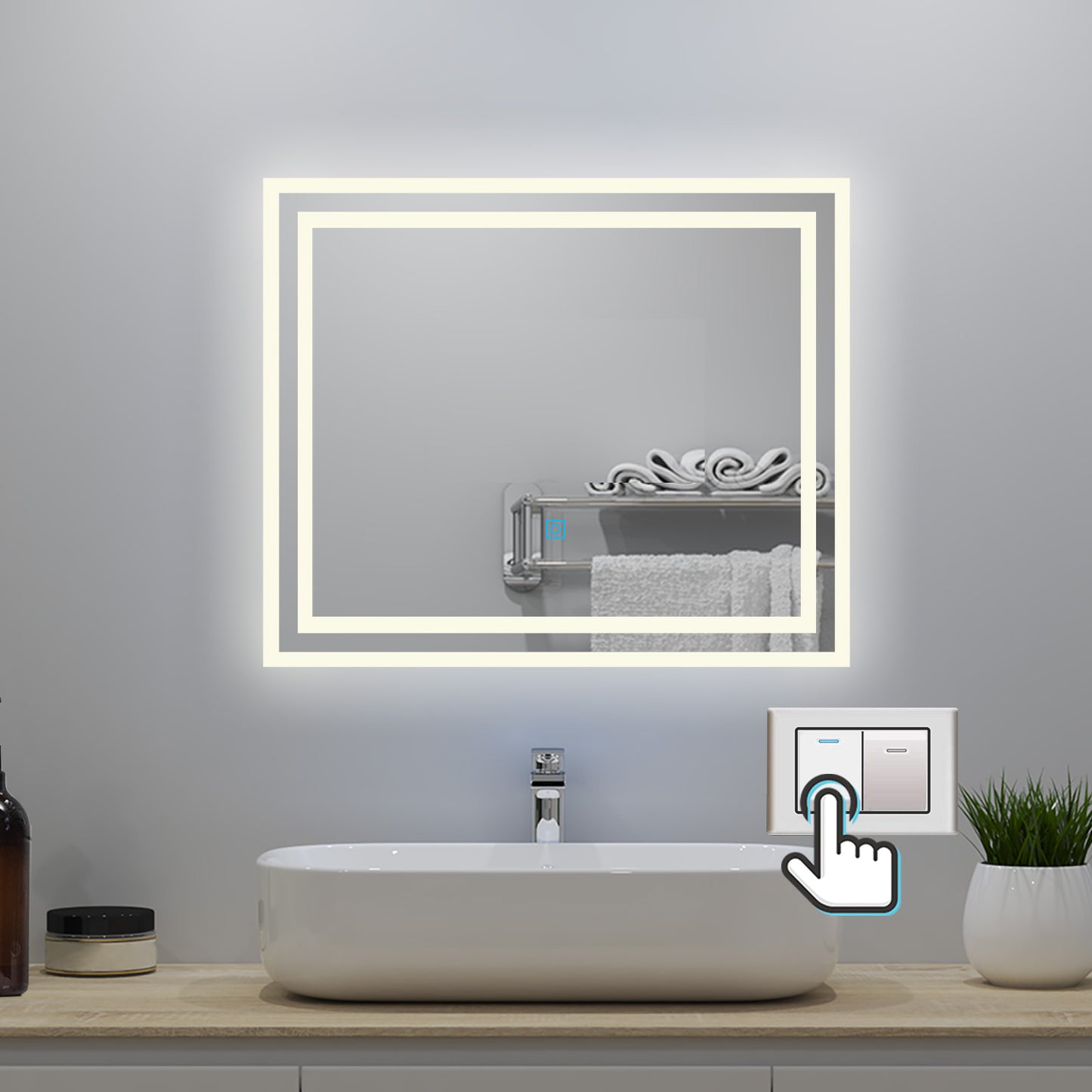 Badspiegel mit Beleuchtung 60x50cm Badezimmerspiegel Lichtspiegel LED Wandspiegel mit Wandschalter/Touchschalter Beschlagfrei 3 Lichtfarbe 2700-6500K Dimmbar,IP44