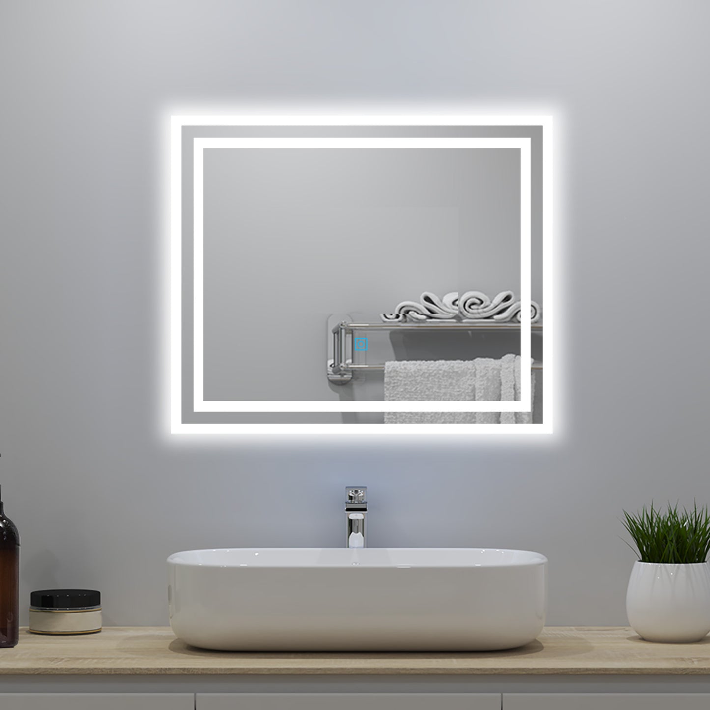 Badspiegel mit Beleuchtung 60x50cm Badezimmerspiegel Lichtspiegel LED Wandspiegel mit Wandschalter/Touchschalter Beschlagfrei 3 Lichtfarbe 2700-6500K Dimmbar,IP44