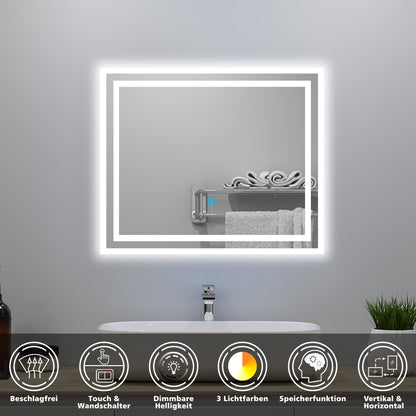Badspiegel mit Beleuchtung 60x50cm Badezimmerspiegel Lichtspiegel LED Wandspiegel mit Wandschalter/Touchschalter Beschlagfrei 3 Lichtfarbe 2700-6500K Dimmbar,IP44