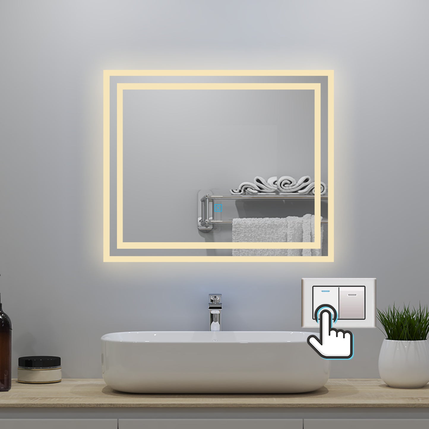 Badspiegel mit Beleuchtung 60x50cm Badezimmerspiegel Lichtspiegel LED Wandspiegel mit Wandschalter/Touchschalter Beschlagfrei 3 Lichtfarbe 2700-6500K Dimmbar,IP44