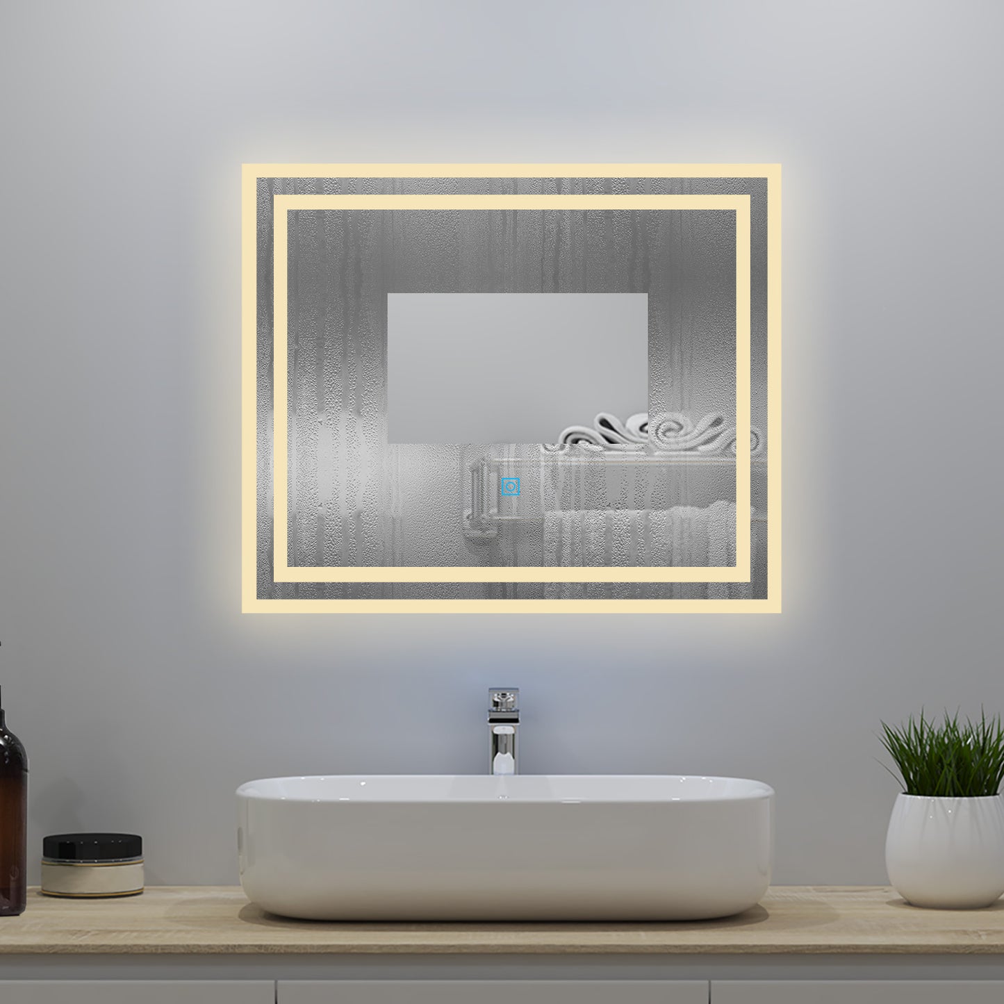 Badspiegel mit Beleuchtung 60x50cm Badezimmerspiegel Lichtspiegel LED Wandspiegel mit Wandschalter/Touchschalter Beschlagfrei 3 Lichtfarbe 2700-6500K Dimmbar,IP44