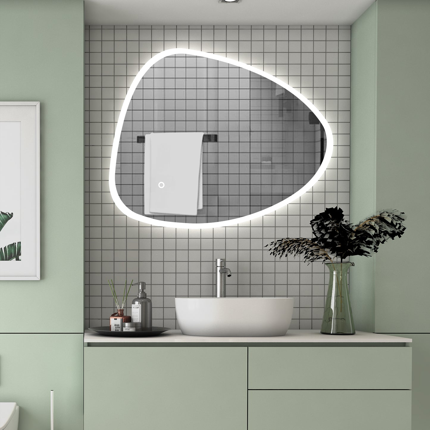LED Badspiegel 80x65cm Spezial Rund Wand/Touchschalter Anti-Beschlag 3 Lichfarbe Kalt/Neutral/Warmweiß Dimmbar Badspiegel mit Beleuchtung Badezimmerspiegel Lichtspiegel IP44