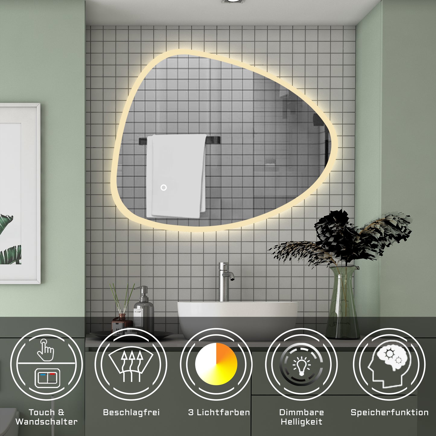 LED Badspiegel 80x65cm Spezial Rund Wand/Touchschalter Anti-Beschlag 3 Lichfarbe Kalt/Neutral/Warmweiß Dimmbar Badspiegel mit Beleuchtung Badezimmerspiegel Lichtspiegel IP44