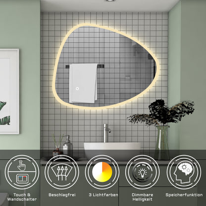 LED Badspiegel 80x65cm Spezial Rund Wand/Touchschalter Anti-Beschlag 3 Lichfarbe Kalt/Neutral/Warmweiß Dimmbar Badspiegel mit Beleuchtung Badezimmerspiegel Lichtspiegel IP44