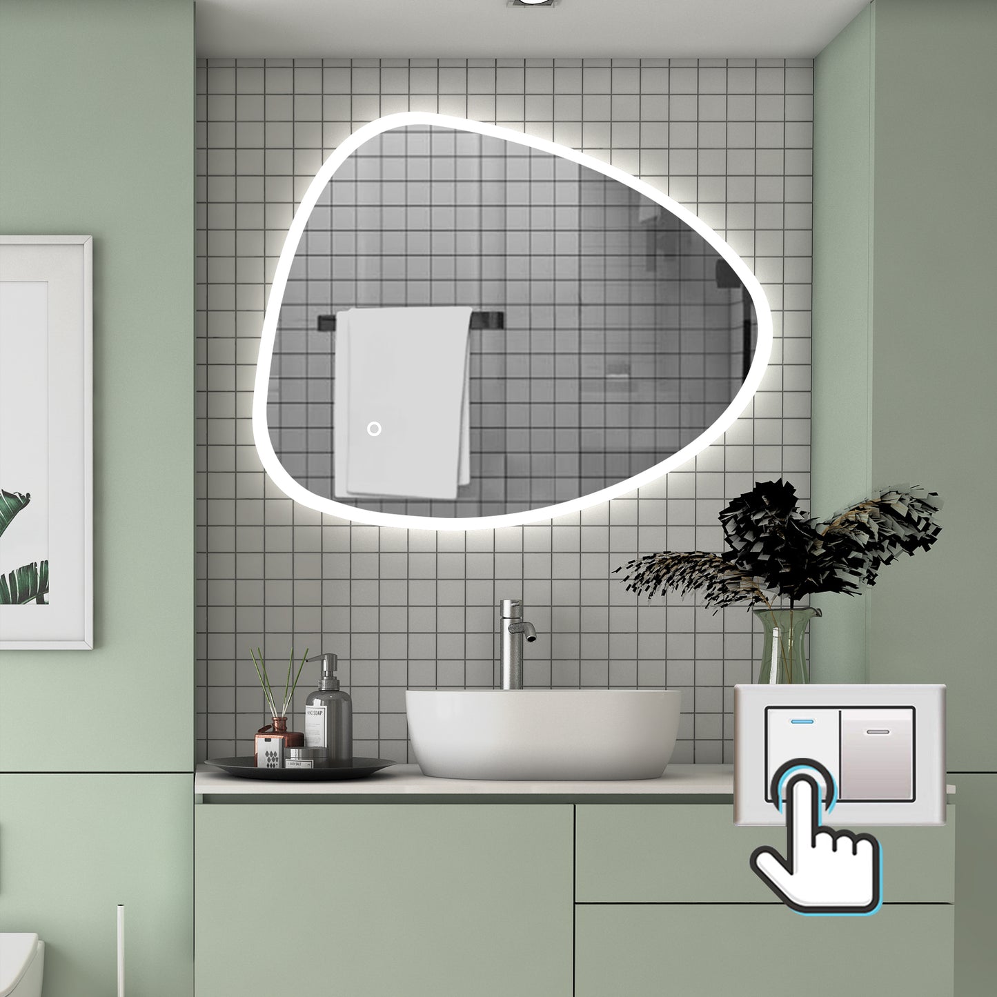 LED Badspiegel 80x65cm Spezial Rund Wand/Touchschalter Anti-Beschlag 3 Lichfarbe Kalt/Neutral/Warmweiß Dimmbar Badspiegel mit Beleuchtung Badezimmerspiegel Lichtspiegel IP44