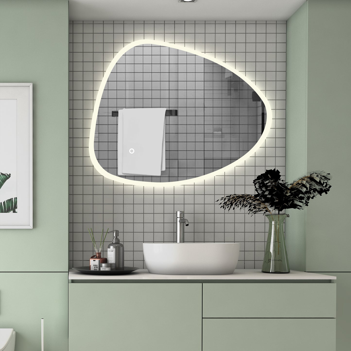 LED Badspiegel 80x65cm Spezial Rund Wand/Touchschalter Anti-Beschlag 3 Lichfarbe Kalt/Neutral/Warmweiß Dimmbar Badspiegel mit Beleuchtung Badezimmerspiegel Lichtspiegel IP44