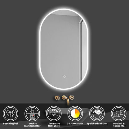 LED Badspiegel Oval 45x75cm mit Touch/Wandschalter Anti-Beschlag 3 Lichfarbe Dimmbar Badezimmerspiegel Rundbahn Wandspiegel Kalt/Neutral/Warmweiß IP44