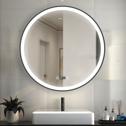 LED Badspiegel Rund 70cm Touch/Wandschalter Beschlagfrei Uhr 3 Lichtfarbe+Dimmbar Badezimmerspiegel mit Schwarz Rahmen Wandspiegel IP44
