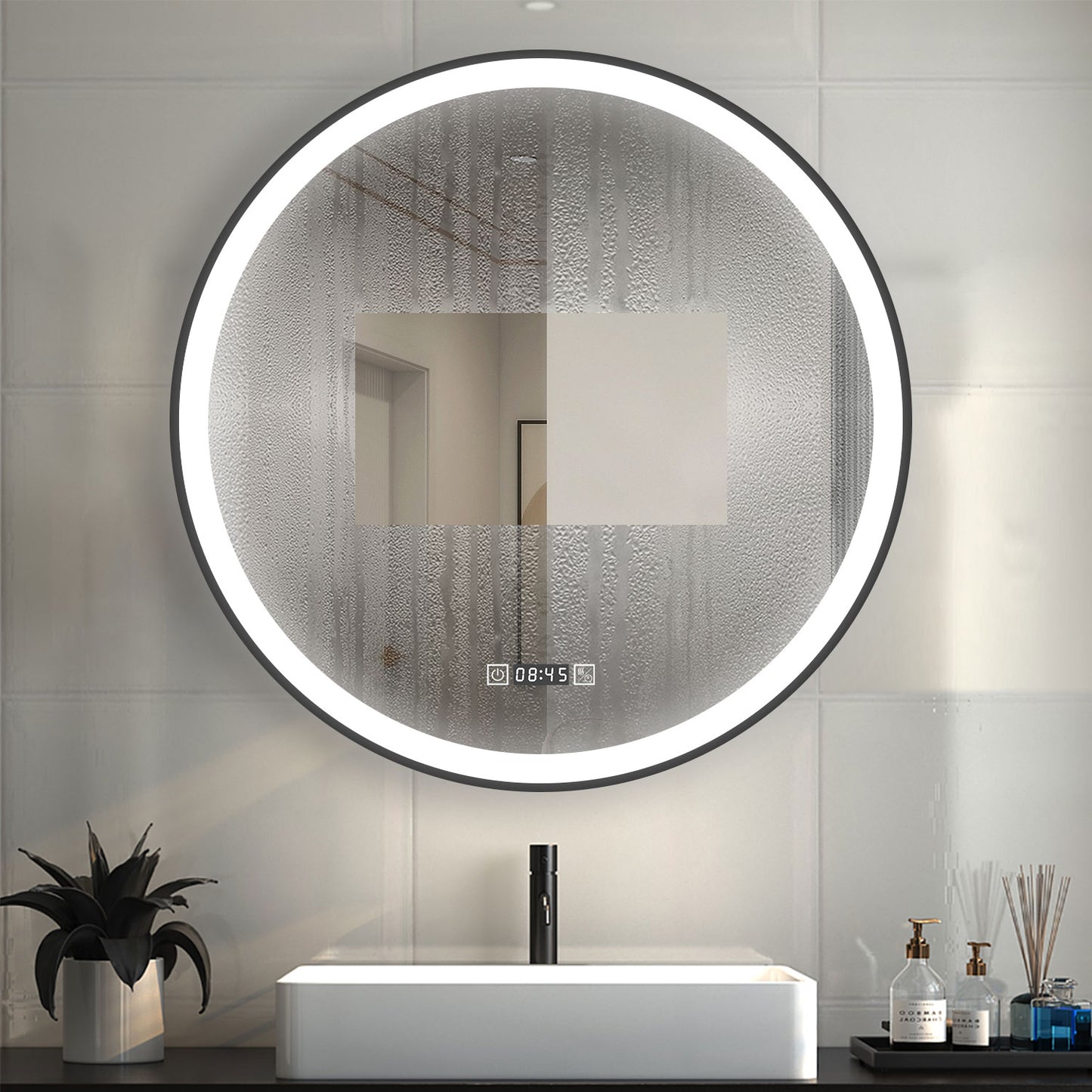 LED Badspiegel Rund 70cm Touch/Wandschalter Beschlagfrei Uhr 3 Lichtfarbe+Dimmbar Badezimmerspiegel mit Schwarz Rahmen Wandspiegel IP44