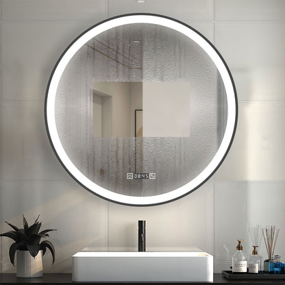 LED Badspiegel Rund 70cm Touch/Wandschalter Beschlagfrei Uhr 3 Lichtfarbe+Dimmbar Badezimmerspiegel mit Schwarz Rahmen Wandspiegel IP44