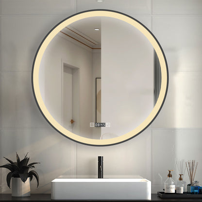 LED Badspiegel Rund 70cm Touch/Wandschalter Beschlagfrei Uhr 3 Lichtfarbe+Dimmbar Badezimmerspiegel mit Schwarz Rahmen Wandspiegel IP44