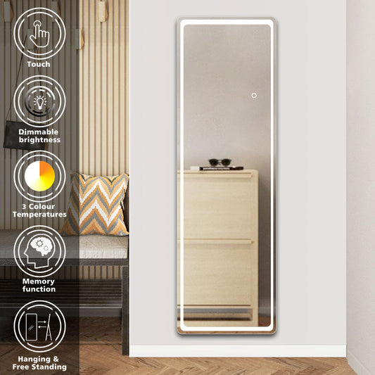 LED Standspiegel 150×40cm 3 Lichfarbe dimmbar Touch/Wandschalter Hängespiegel 2 in 1 Ganzkörperspiegel Wandspiegel Ankleidespiegel Garderobenspiegel