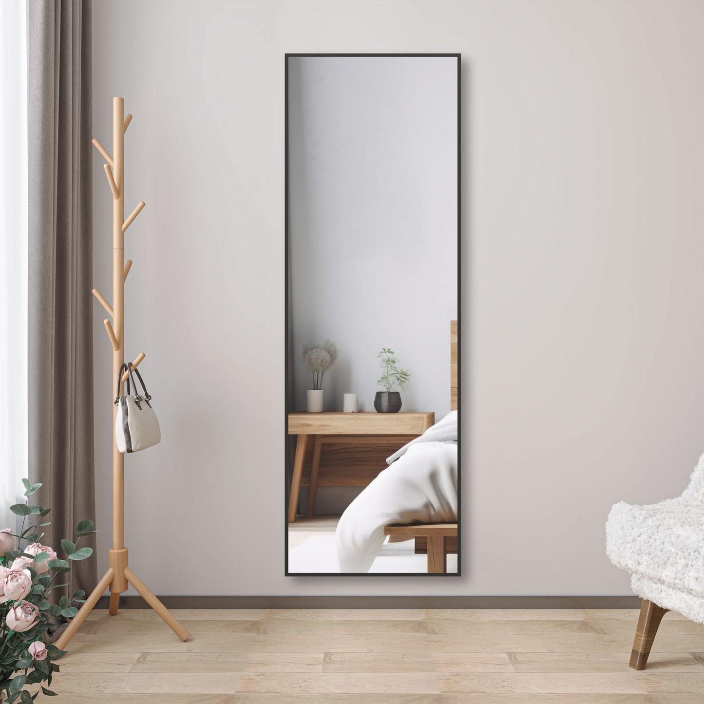 Standspiegel 160×50cm Hängespiegel 2 in 1 Ganzkörperspiegel mit Schwarz Rahmen Wandspiegel Ankleidespiegel Garderobenspiegel