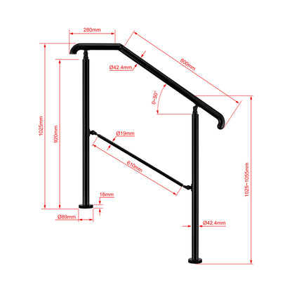 OZEAN Eingangsgeländer Edelstahl verstellbar für 2-5 Stufen | 3.5mm verstärkte Platte | Silber/Schwarz
