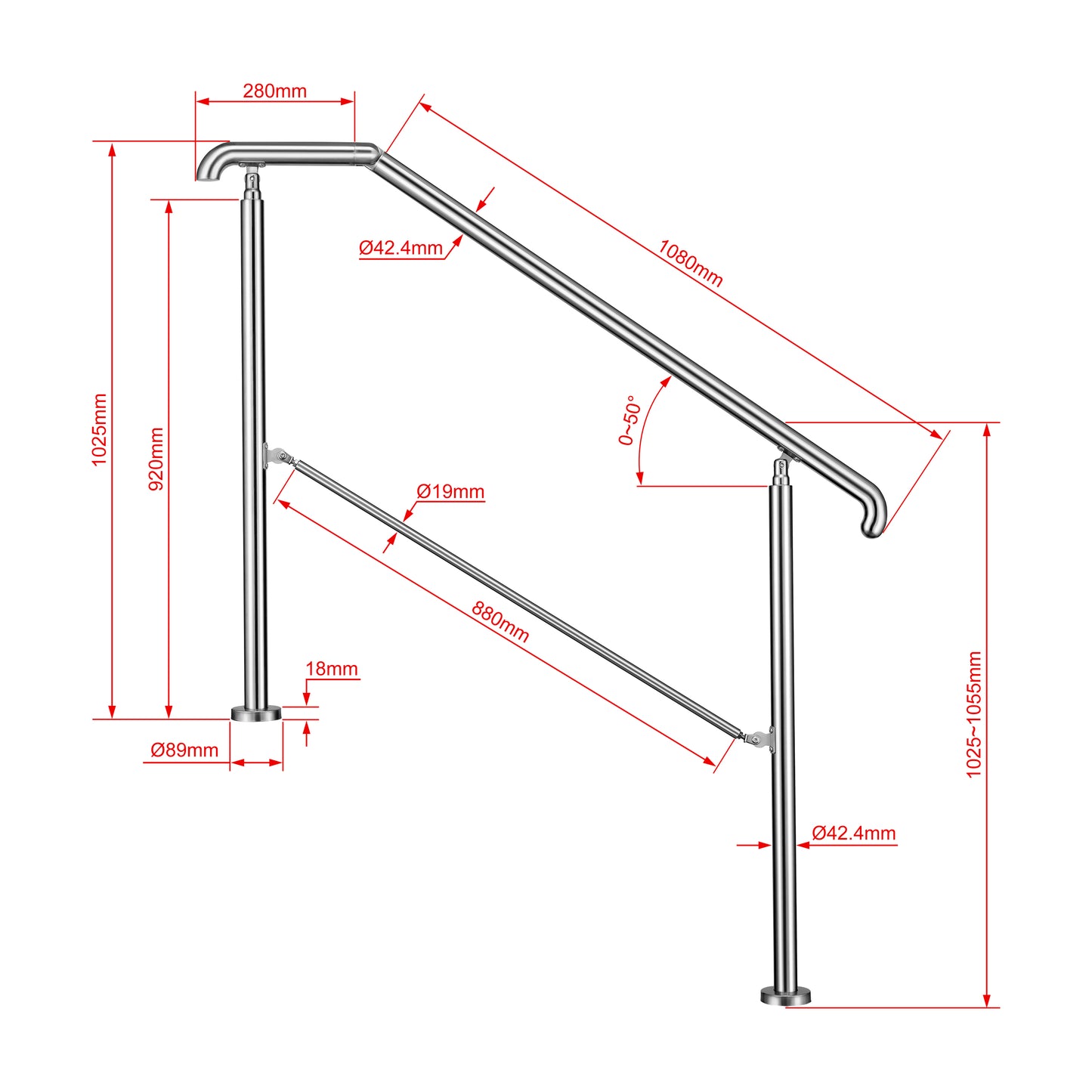 OZEAN Eingangsgeländer Edelstahl verstellbar für 2-5 Stufen | 3.5mm verstärkte Platte | Silber/Schwarz