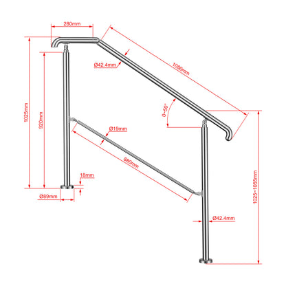 OZEAN Eingangsgeländer Edelstahl verstellbar für 2-5 Stufen | 3.5mm verstärkte Platte | Silber/Schwarz