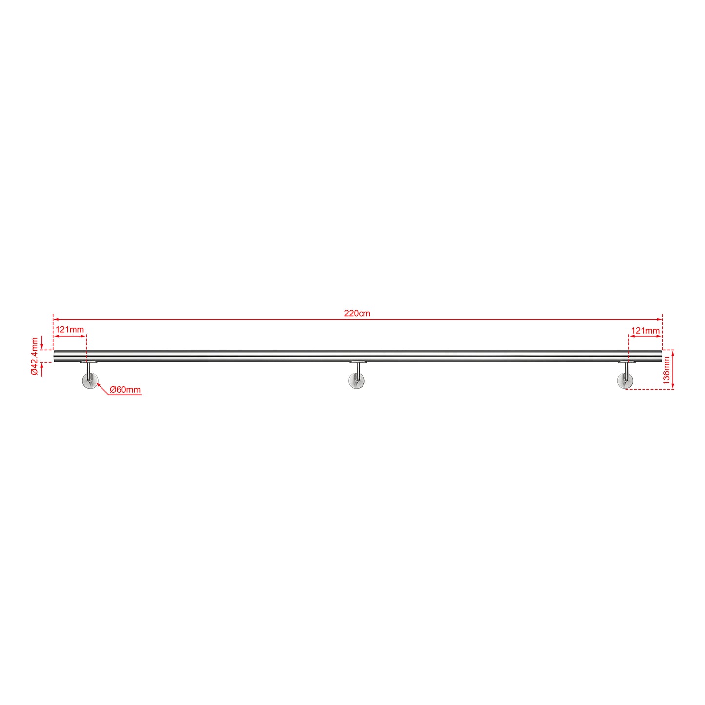 OZEAN Wandhandlauf Edelstahl 80-240 cm | 3mm verstärkte Lasche & 5mm Basis | Silber/Schwarz/Holzoptik