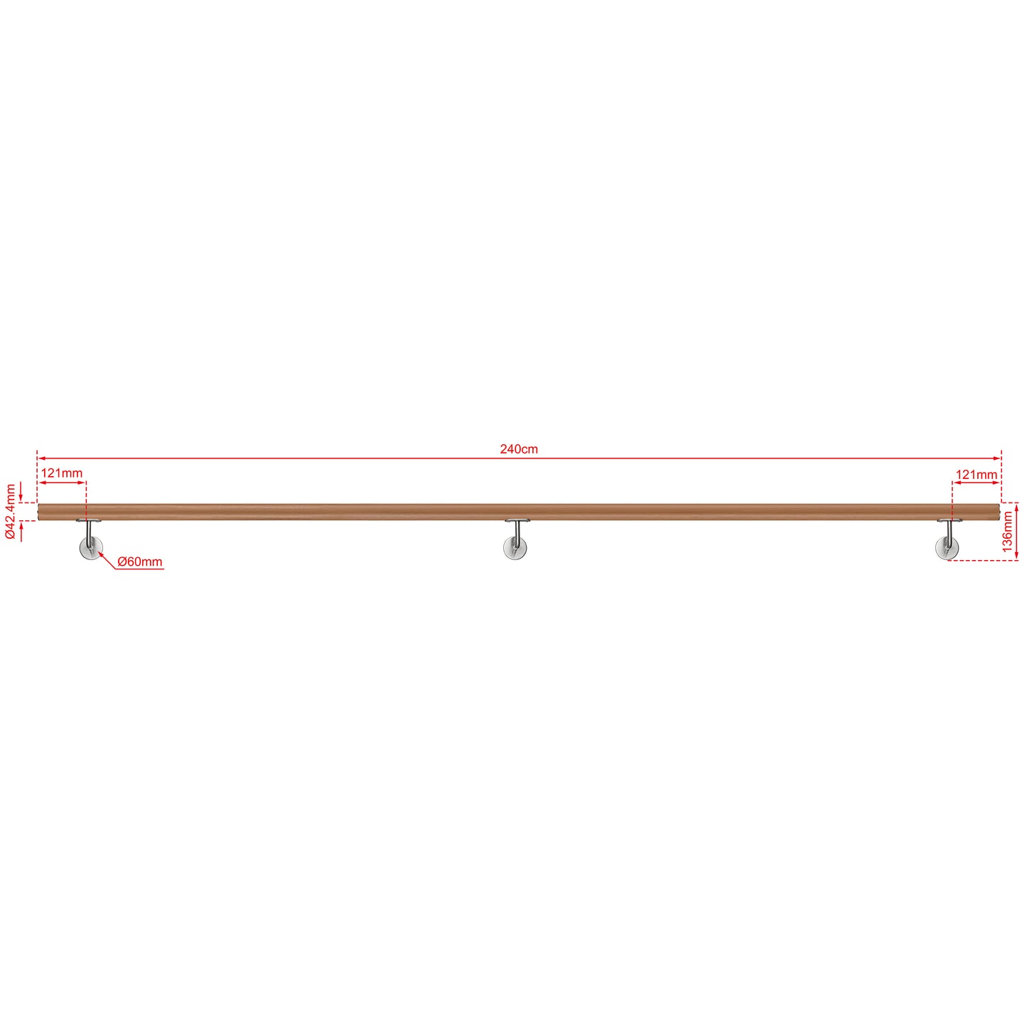 OZEAN Wandhandlauf Edelstahl 80-240 cm | 3mm verstärkte Lasche & 5mm Basis | Silber/Schwarz/Holzoptik