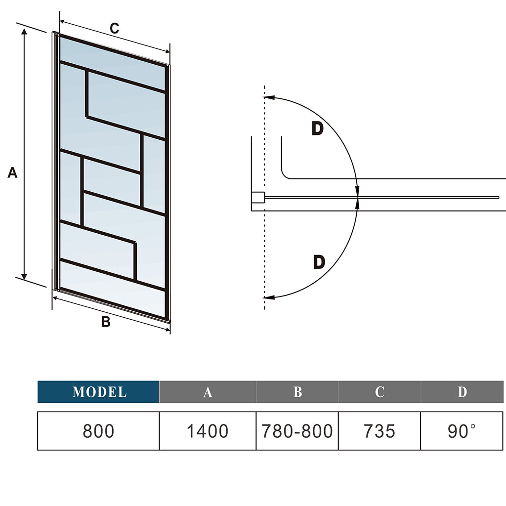 Duschabtrennung Badewannenaufsatz 80 x H.140 cm Duschwand Glasdusche Sicherheitsglas Dimensions