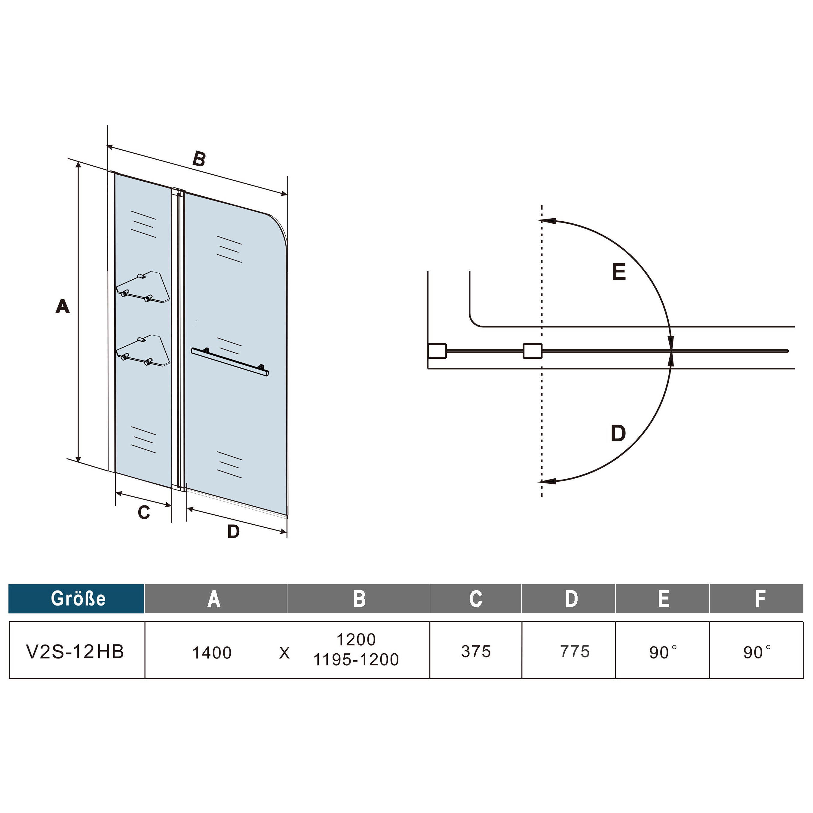 Duschabtrennung Badewannenaufsatz 120 x H.140 cm Duschwand Schwarz Glasdusche Sicherheitsglas Dimensions