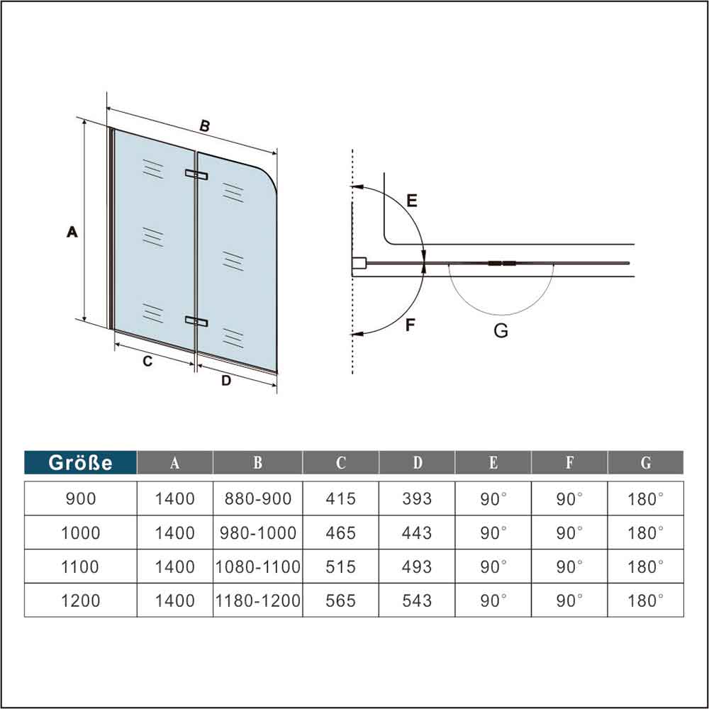 Badewannenfaltwand Badewannenaufsatz 120 x H.140 cm NANO Glas Duschabtrennung für Badewanne Duschtrennwände Glas Dimensions
