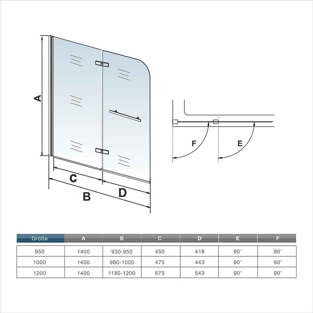 Duschabtrennung Badewannenfaltwand Badewannenaufsatz 100 x H.140 cm Duschwand NANO Sicherheitsglas Dimensions