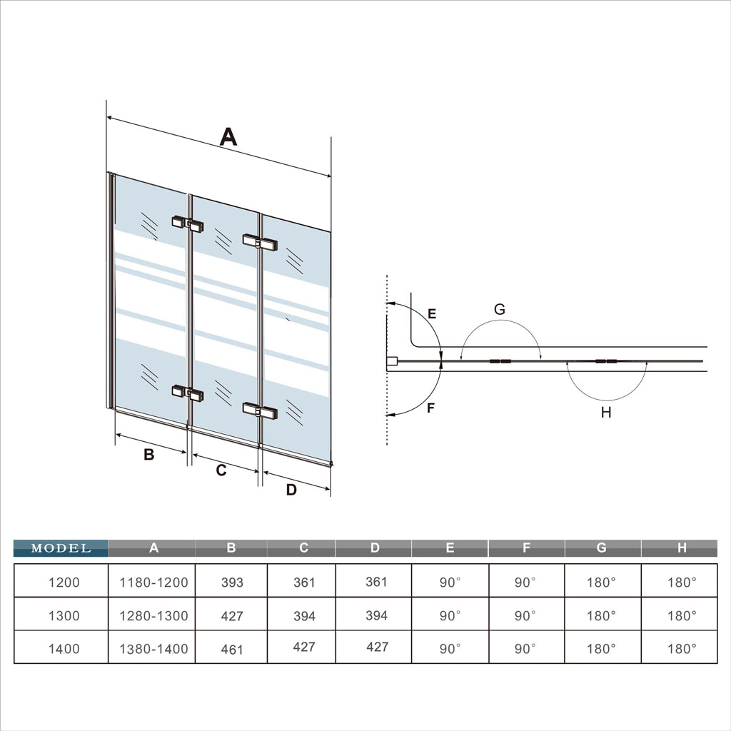 Nano Glas Faltwand Drehwand Trennwand Badewannenaufsatz Duschwand Abtrennung 130 cm Schwarz Dimensions