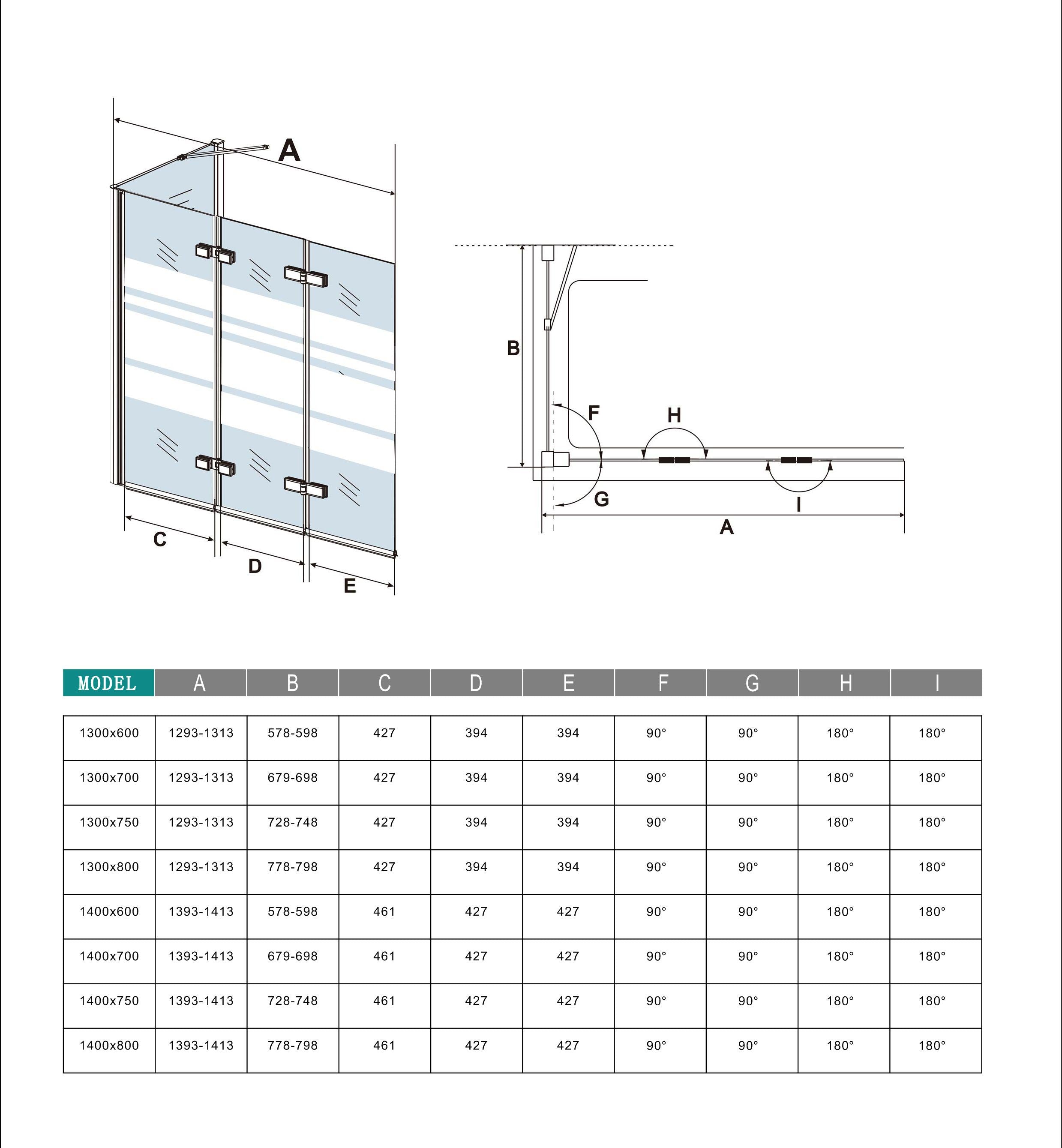 Nano Glas Faltwand Drehwand Trennwand Badewannenaufsatz mit Seitenwand Duschwand Abtrennung 140+70cm Chrom Dimensions