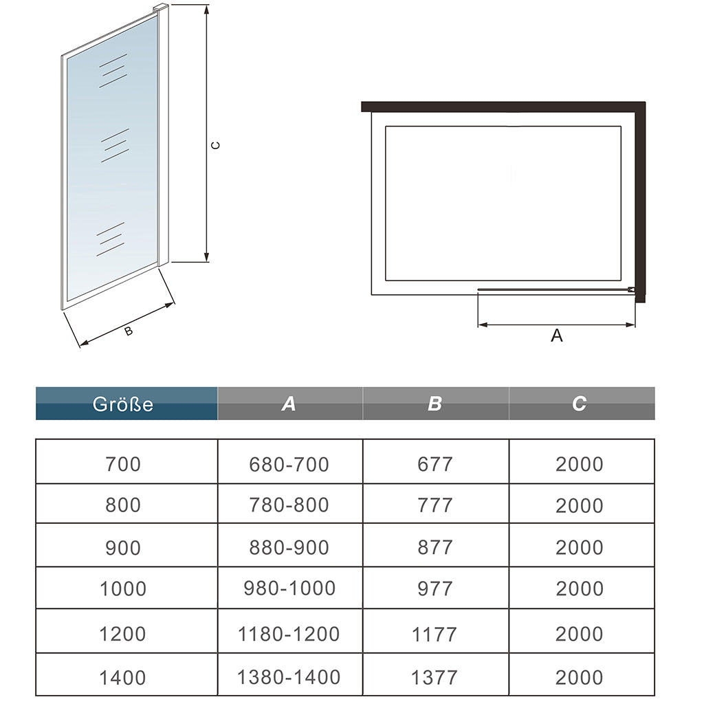 Walk in Duschabtrennung Duschwand Dusche Dusche 90 x H.200 cm Duschkabine Glasduschwand 8mm Glas Dimensions