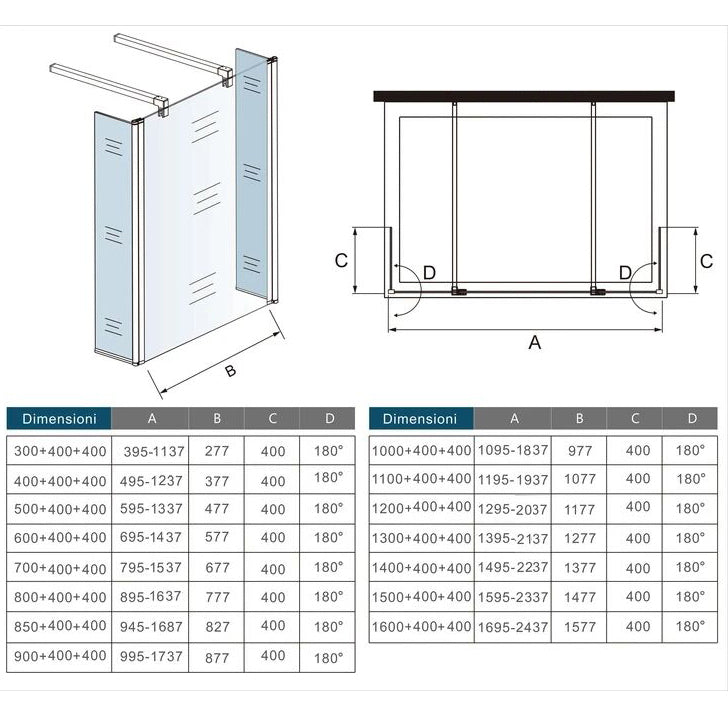 Walk In Dusche mit Drehbar Spritzschutz 120+40+40 x H.200 cm Duschkabine Duschabtrennung Aus 8mm Glas Duschwand Dimensions