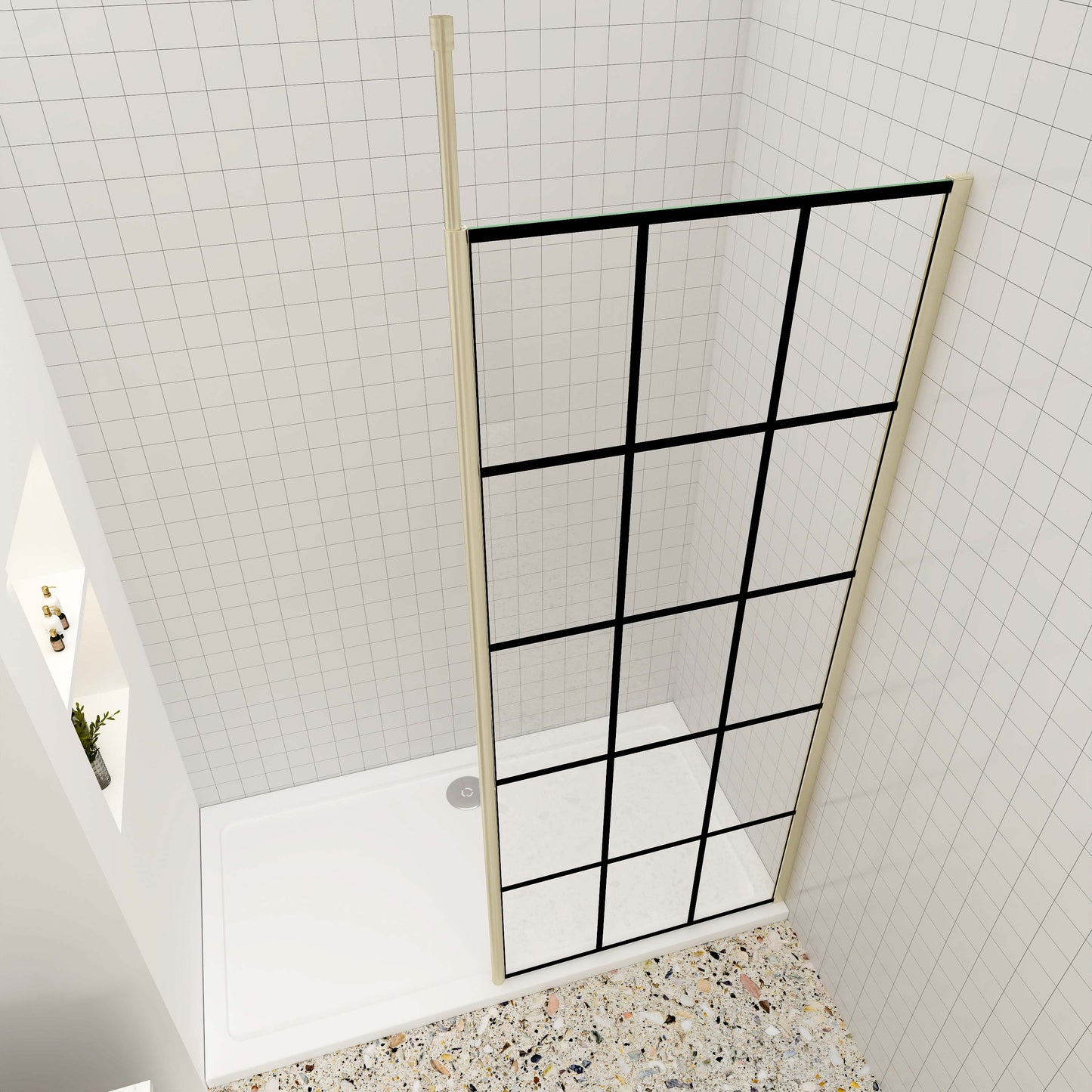 Walk in Duschwand 8mm NANO Glas 120 cm Glaswand mit Deckenstütze goldfarben