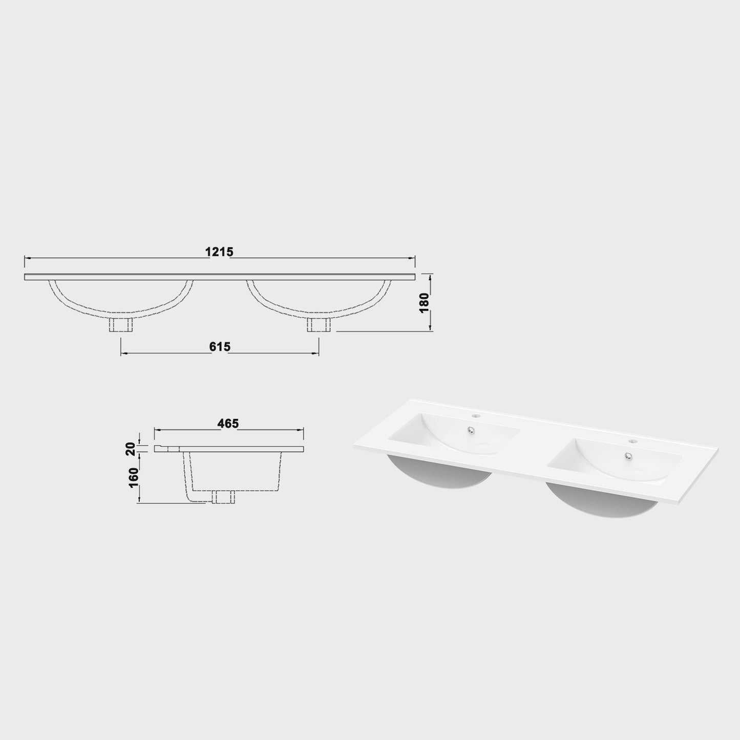 Waschtisch Waschbecken aus Keramik Einbauwaschbecken 121.5x46.5x18cm Weiß
