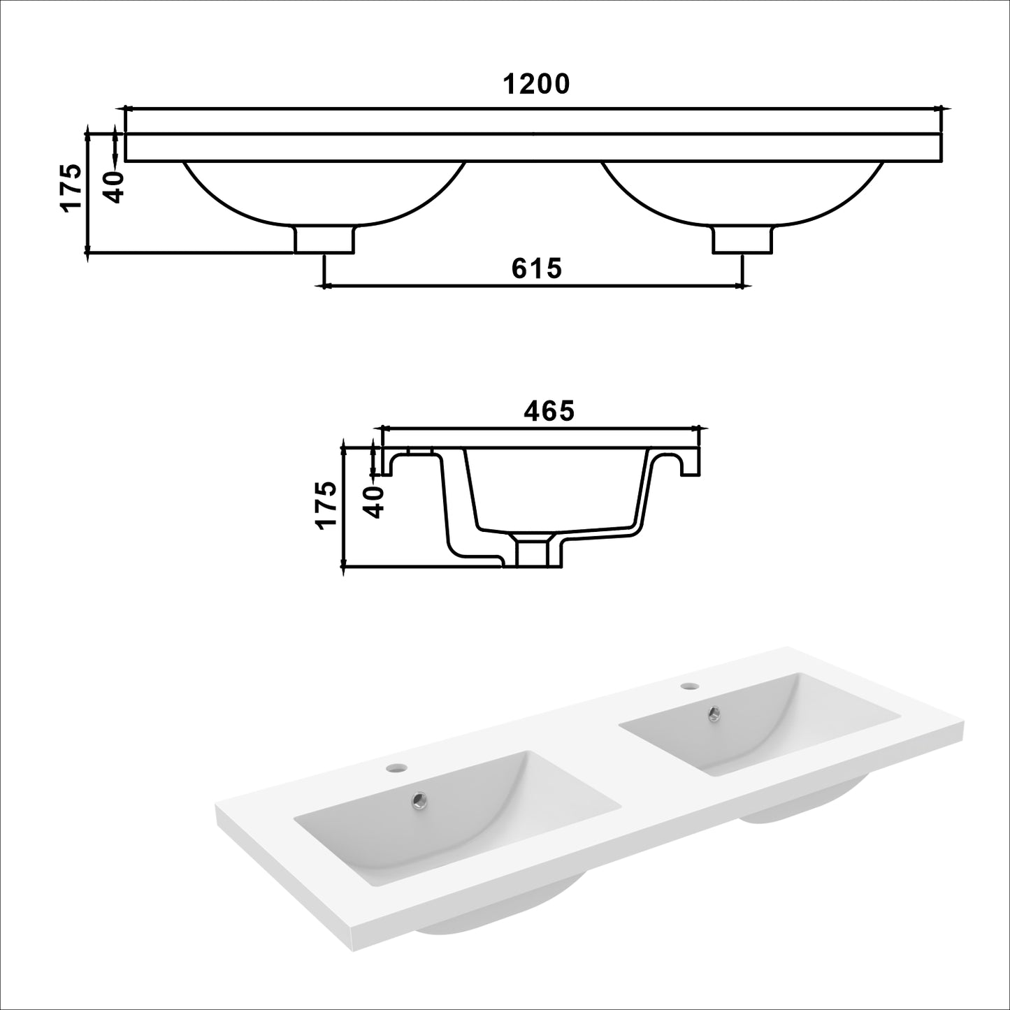 Waschtisch Waschbecken aus Kunststein Einbauwaschbecken 120x46.5x17.5cm Weiß