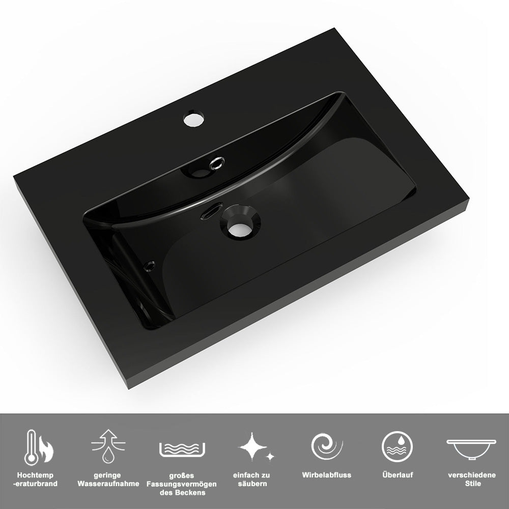 Badezimmermöbel 60cm Schwarz Mineralguss Waschtisch mit Unterschrank Badmöbel set Badezimmerschränke mit 2 Soft-Close Schubladen Hochglanz Weiß