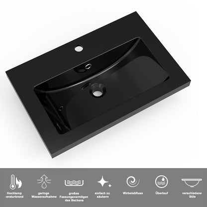 Badezimmermöbel 60cm Schwarz Mineralguss Waschtisch mit Unterschrank Badmöbel set Badezimmerschränke mit 2 Soft-Close Schubladen Hochglanz Weiß