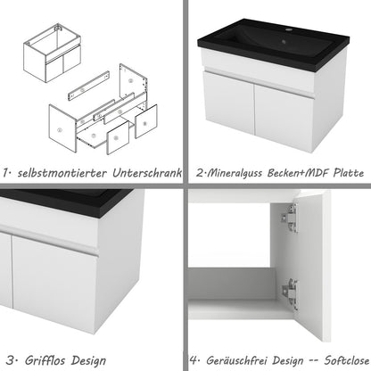 Badezimmer Badmöbel 60cm Schwarz Mineralguss Waschtisch mit Unterschrank Hängeschrank Weiß Matt Badezimmerschränke Badschrank mit 2 Soft-Close Türen