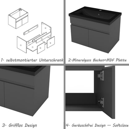 Badezimmer Badmöbel 60cm Schwarz Mineralguss Waschtisch mit Unterschrank Hängeschrank Dunkelgrau Matt Badezimmerschränke Badschrank mit 2 Soft-Close Türen