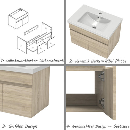 Badezimmer Badmöbel 60cm Dickes Keramik Waschtisch mit Unterschrank Hängeschrank Eiche Matt Badezimmerschränke Badschrank mit 2 Soft-Close Türen